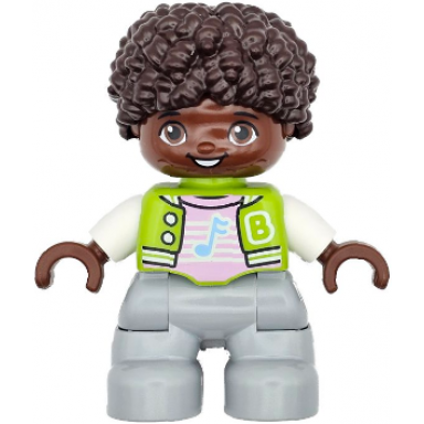duplo figure lego ville child boy light bluish gray legs lime jacket with white sleeves bright pink shirt dark brown hair