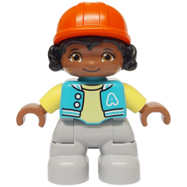 duplo figure lego ville child girl light bluish gray legs medium azure jacket with capital letter a and buttons black hair reddish orange riding helmet