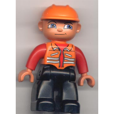 duplo figure lego ville male black legs orange vest orange construction helmet