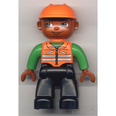 duplo figure lego ville male black legs orange vest with green arms orange construction helmet