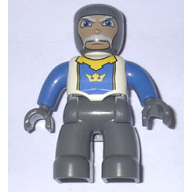 duplo figure lego ville male castle dark bluish gray legs white chest blue arms dark bluish gray hands