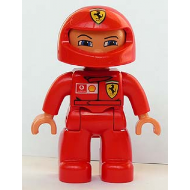 duplo figure lego ville male red legs red top with ferrari shell vodafone pattern red helmet