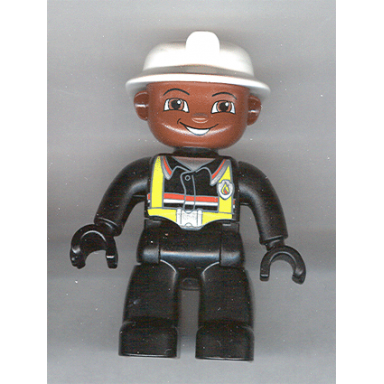 duplo figure lego ville male fireman black legs black hands white helmet brown face