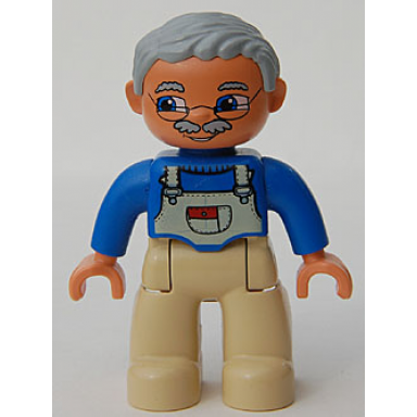 duplo figure lego ville male tan legs blue top with white overalls bib light bluish gray hair
