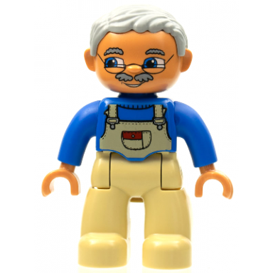 duplo figure lego ville male tan legs blue top with tan overalls bib glasses light bluish gray hair