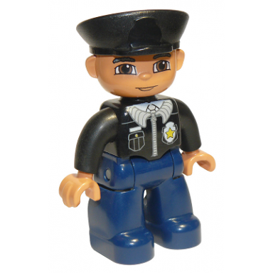 duplo figure lego ville male police black hat light nougat head and hands brown eyes black shirt with badge dark blue legs