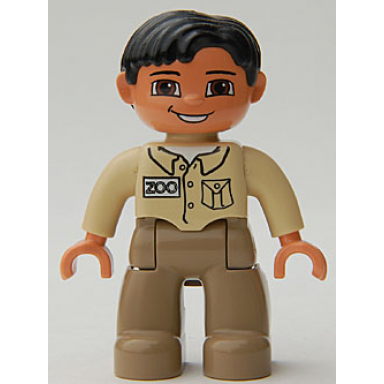 duplo figure lego ville male dark tan legs tan top black hair brown eyes zoo keeper