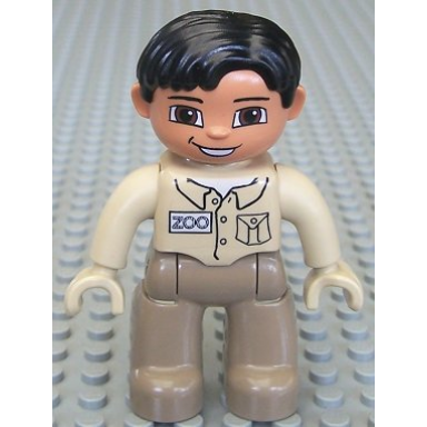 duplo figure lego ville male dark tan legs tan top tan hands black hair brown eyes zoo keeper