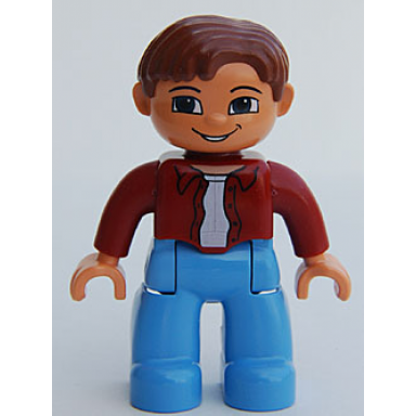 duplo figure lego ville male medium blue legs dark red top reddish brown hair blue eyes