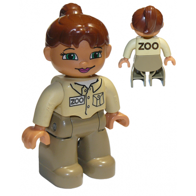 duplo figure lego ville female dark tan legs tan top reddish brown ponytail hair green eyes zoo keeper