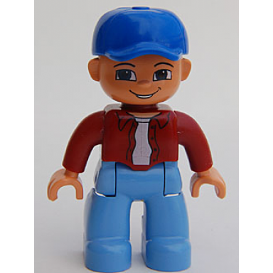 duplo figure lego ville male medium blue legs dark red top blue baseball cap
