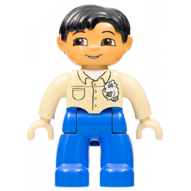 duplo figure lego ville male blue legs tan top with buttons and rag in pocket black hair tan hands mechanic