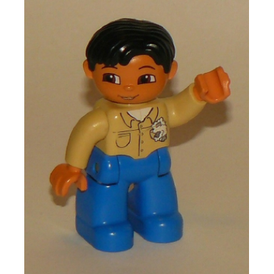 duplo figure lego ville male blue legs tan top with buttons and rag in pocket black hair nougat hands mechanic
