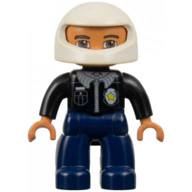 duplo figure lego ville male police dark blue legs black top with badge black arms white helmet dark bluish gray eyebrows reddish brown eyes
