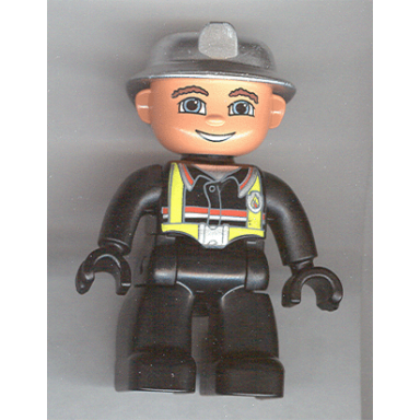 duplo figure lego ville male fireman black legs black hands silver helmet blue eyes