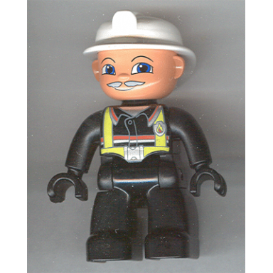 duplo figure lego ville male fireman black legs black hands white helmet light gray moustache