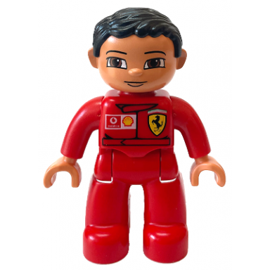 duplo figure lego ville male red legs red top with ferrari shell vodafone pattern black hair