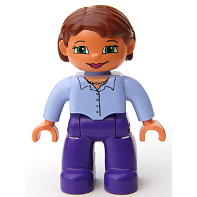 duplo figure lego ville female dark purple legs light lilac button top with necklace nougat hands reddish brown hair green eyes
