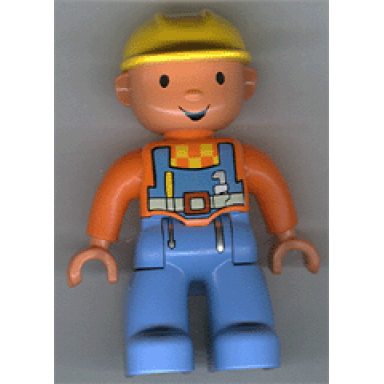 duplo figure lego ville male medium blue legs orange top with overalls yellow construction helmet bob the builder