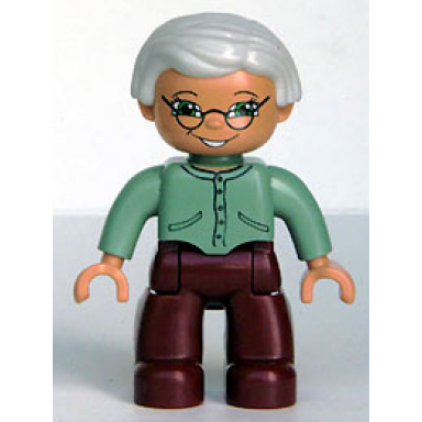 duplo figure lego ville female dark red legs sand green sweater very light gray hair green eyes glasses