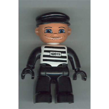 duplo figure lego ville male black legs black and white striped top with number 62019 black arms and hands black cap prisoner