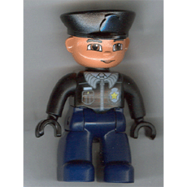 duplo figure lego ville male police dark blue legs black top with badge black arms black hands black hat