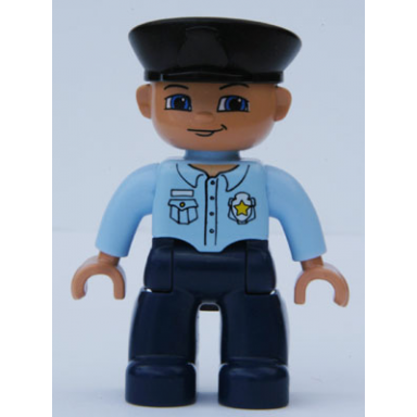 duplo figure lego ville male police black hat nougat head and hands bright light blue shirt with badge dark blue legs