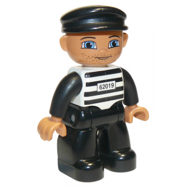 duplo figure lego ville male prisoner black cap light nougat head and hands black and white striped shirt with 62019 black legs
