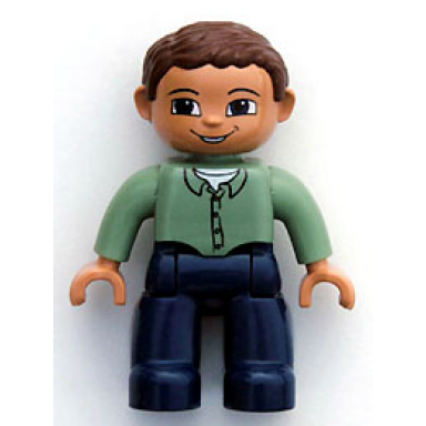 duplo figure lego ville male dark blue legs sand green top with buttons reddish brown hair brown eyes