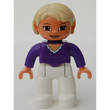 duplo figure lego ville female white legs dark purple top tan hair brown eyes