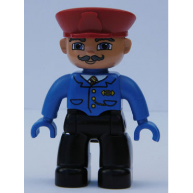 duplo figure lego ville male black legs blue jacket with tie red hat curly moustache train conductor