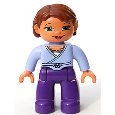 duplo figure lego ville female dark purple legs light lilac wrap top with necklace nougat hands reddish brown hair green eyes