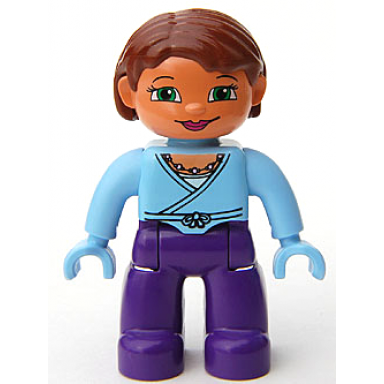 duplo figure lego ville female dark purple legs bright light blue wrap top with necklace bright light blue hands reddish brown hair green eyes