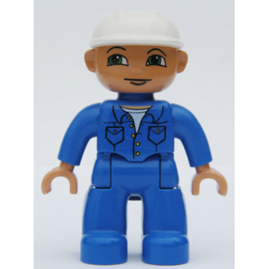 duplo figure lego ville male blue legs blue top with pockets white construction helmet green eyes looking right