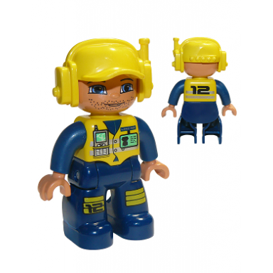 duplo figure lego ville male dark blue legs jumpsuit with yellow vest radio id badge yellow cap with headset slight smile