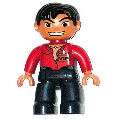 duplo figure lego ville male dark blue legs red top with open collar black hair vip badge