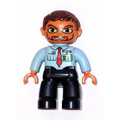 duplo figure lego ville male dark blue legs light blue top with red tie and id badge reddish brown hair beard glasses