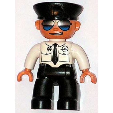 duplo figure lego ville male pilot black legs white top with airplane logo and black tie police hat sunglasses