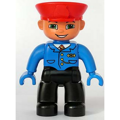 duplo figure lego ville male train conductor black legs blue jacket with tie blue hands red hat smile with teeth