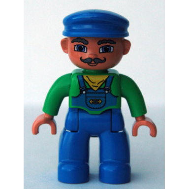 duplo figure lego ville male blue legs green top with yellow scarf blue cap curly moustache train engineer