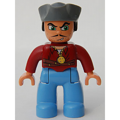 duplo figure lego ville male pirate medium blue legs dark red top dark bluish gray pirate hat blue eyes