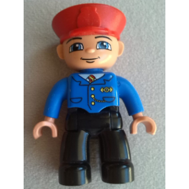 duplo figure lego ville male train conductor red hat smile with closed mouth blue jacket with yellow and red tie black legs