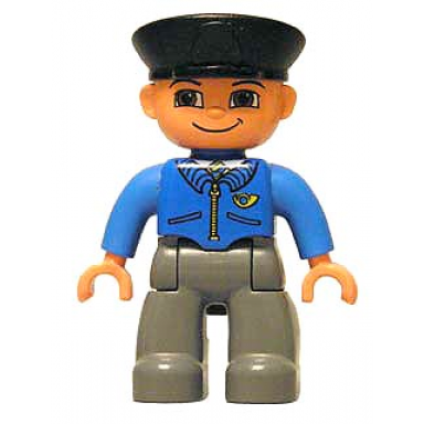 duplo figure lego ville male post office dark bluish gray legs blue jacket with mail horn black police hat
