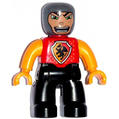 duplo figure lego ville male castle black legs red chest with dragon shield bright light orange arms and hands stubble and open mouth