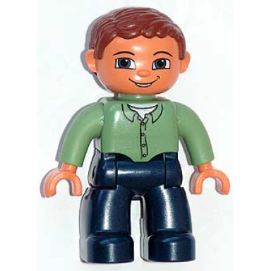 duplo figure lego ville male dark blue legs sand green top with buttons reddish brown hair blue eyes
