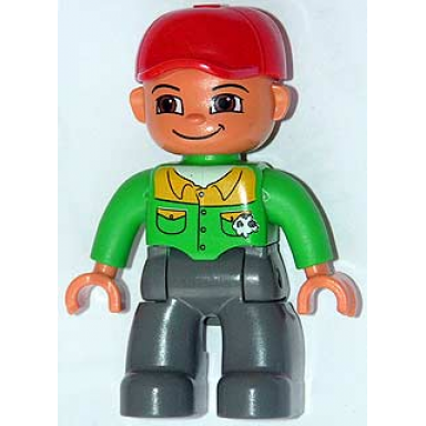 duplo figure lego ville male dark bluish gray legs bright green button down shirt red cap brown eyes closed mouth smile mechanic