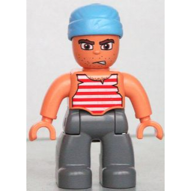 duplo figure lego ville male pirate dark bluish gray legs red and white white striped top medium blue cloth wrap pirate