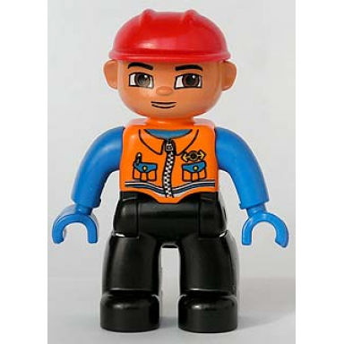 duplo figure lego ville male black legs orange vest with two pockets and pen blue hands red construction helmet train engineer