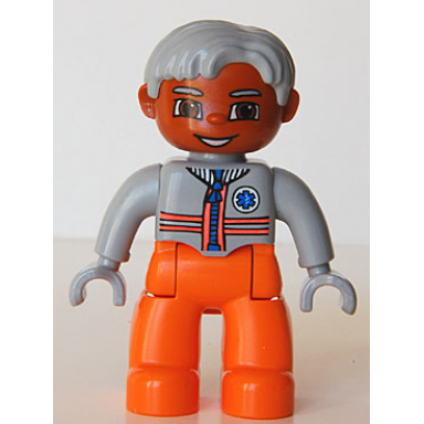 duplo figure lego ville male medic orange legs light bluish gray top with zipper and stripes light bluish gray hair light bluish gray hands