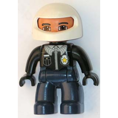 duplo figure lego ville male police dark blue legs black top with badge black arms and hands white helmet